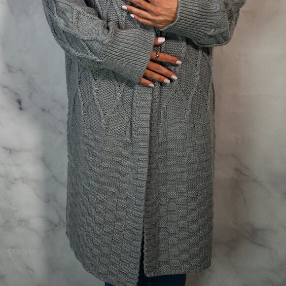 Grey Knit Duster with Hood - Size Large - Picture 2 of 5